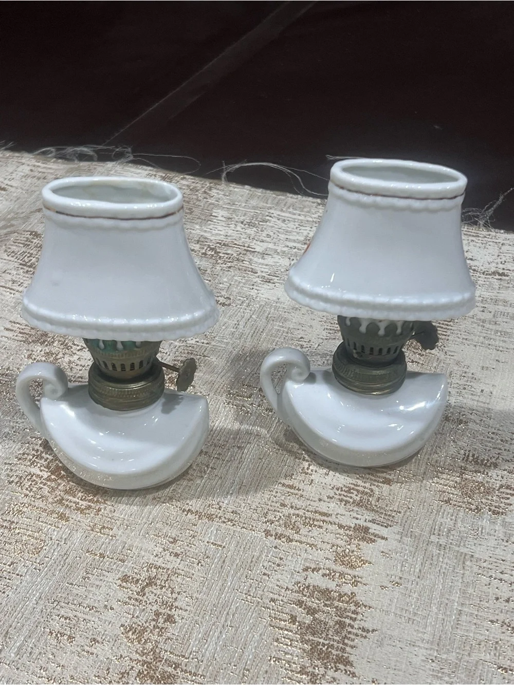 Vintage Floral Ceramic Mini Oil Lamp Pair - White with Orange Flowers